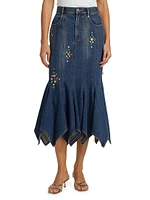 Embellished Denim Handkerchief-Hem Trumpet Midi-Skirt