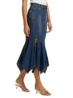 Embellished Denim Handkerchief-Hem Trumpet Midi-Skirt