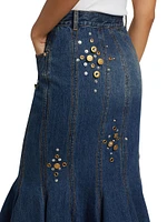 Embellished Denim Handkerchief-Hem Trumpet Midi-Skirt