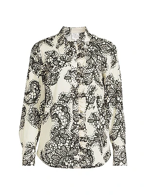 Lace Ruffle Cotton Button-Front Shirt