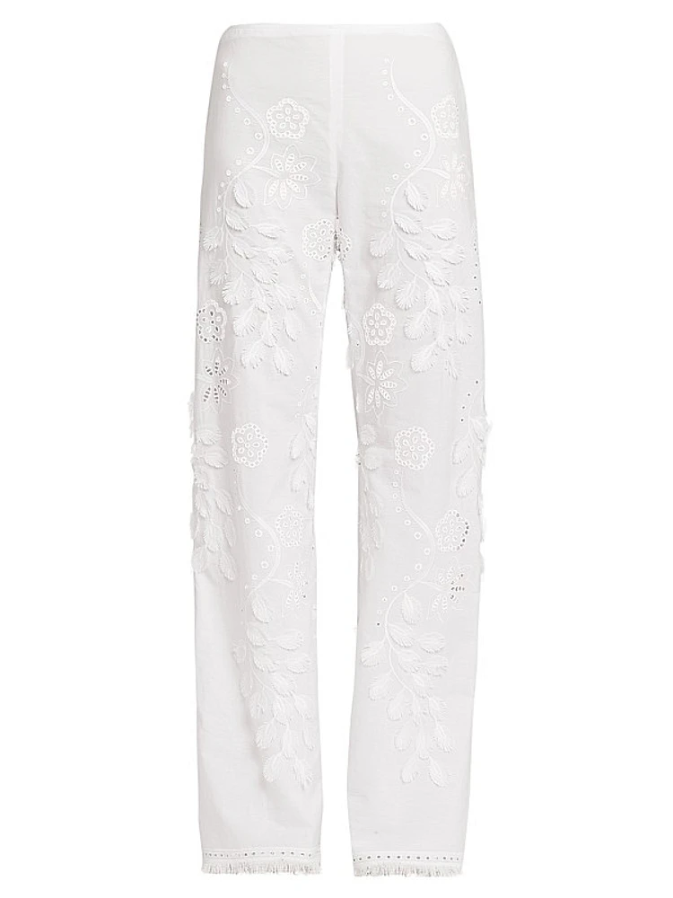 Embellished Broderie Anglaise Mid-Rise Straight-Leg Pants