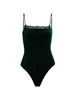 Aileen Lace-Trim Velvet Bodysuit