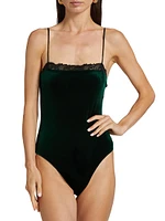 Aileen Lace-Trim Velvet Bodysuit