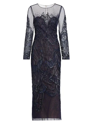 Embroidered Tulle Illusion-Neck Midi-Dress