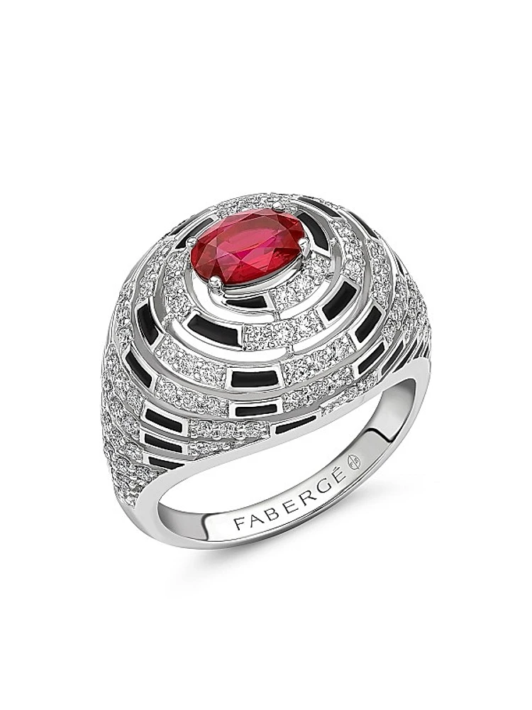 Fabergé x Beetlejuice Beetlejuice White Gold Ruby, Diamond and Black Enamel Spiral Bombe Ring