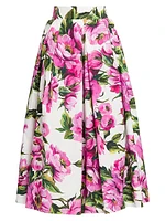 Peonies Box-Pleated Cotton Midi-Skirt