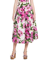 Peonies Box-Pleated Cotton Midi-Skirt