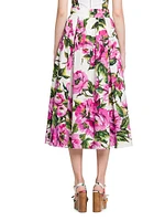 Peonies Box-Pleated Cotton Midi-Skirt