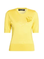 Floral-Appliquéd Silk Short-Sleeve Sweater
