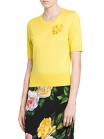 Floral-Appliquéd Silk Short-Sleeve Sweater