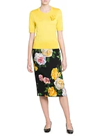 Floral-Appliquéd Silk Short-Sleeve Sweater