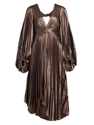 Palms Pleated Satin Midi-Dress