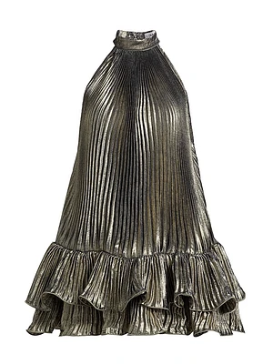 La Fete Soleil Metallic Pleated A-Line Minidress