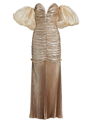 La Fete Parlour Metallic Ruched Balloon-Sleeve Gown