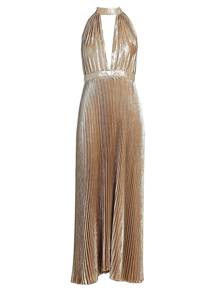 La Fête Chateau Metallic Pleated Halterneck Gown