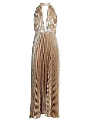 La Fête Chateau Metallic Pleated Halterneck Gown