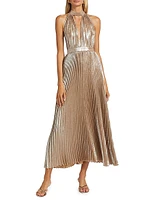 La Fête Chateau Metallic Pleated Halterneck Gown