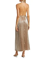 La Fête Chateau Metallic Pleated Halterneck Gown