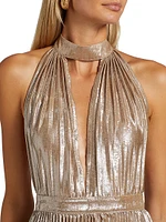 La Fête Chateau Metallic Pleated Halterneck Gown