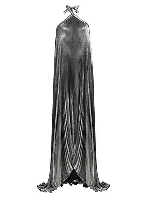 La Fête Déesse Metallic Asymmetric Pleated Halterneck Gown