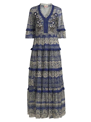 Mazzy Embellished Mesh Tiered Maxi Dress