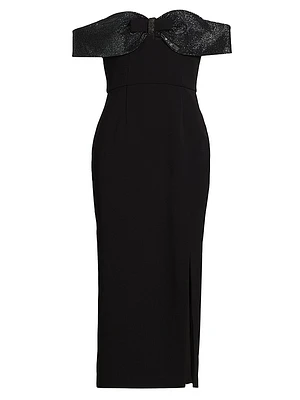 Embellished Crêpe Bow Midi-Dress