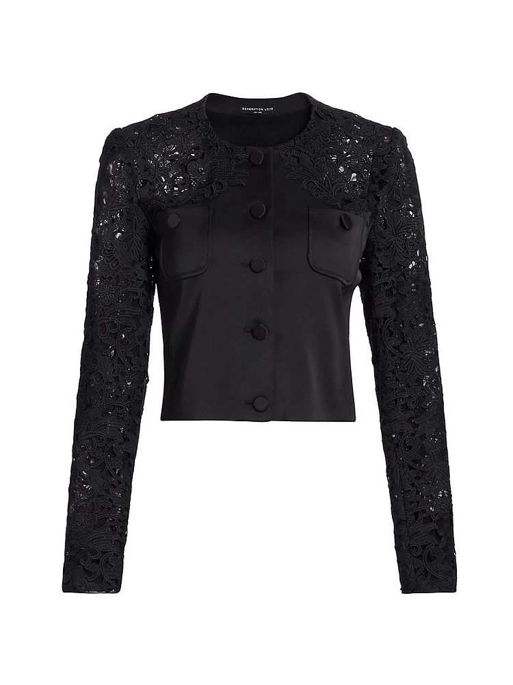 Cortez Lace-Trimmed Satin Crop Jacket