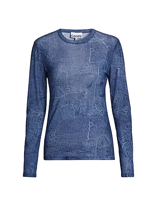Marl Mesh Long-Sleeve Crewneck Blouse