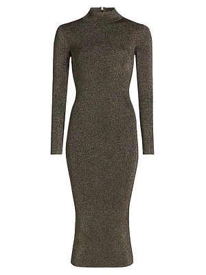 Metallic Mock Turtleneck Body-Con Midi-Dress