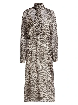 Glizia Leopard Silk Tieneck Midi-Dress
