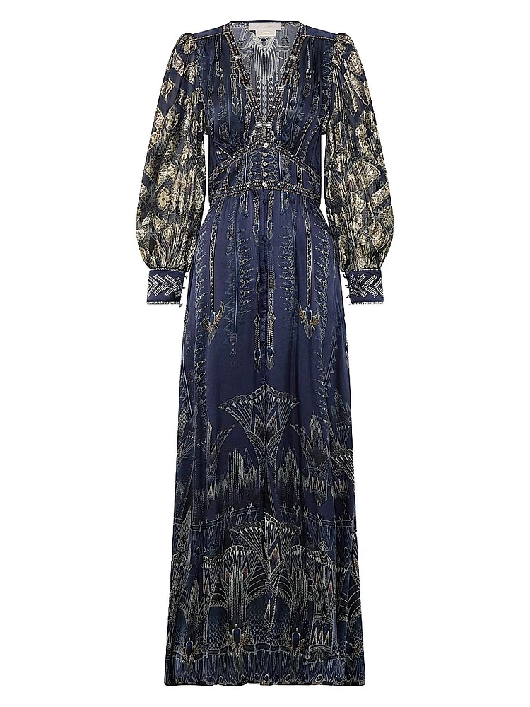 Egypt Silk Empire-Waist Maxi Dress