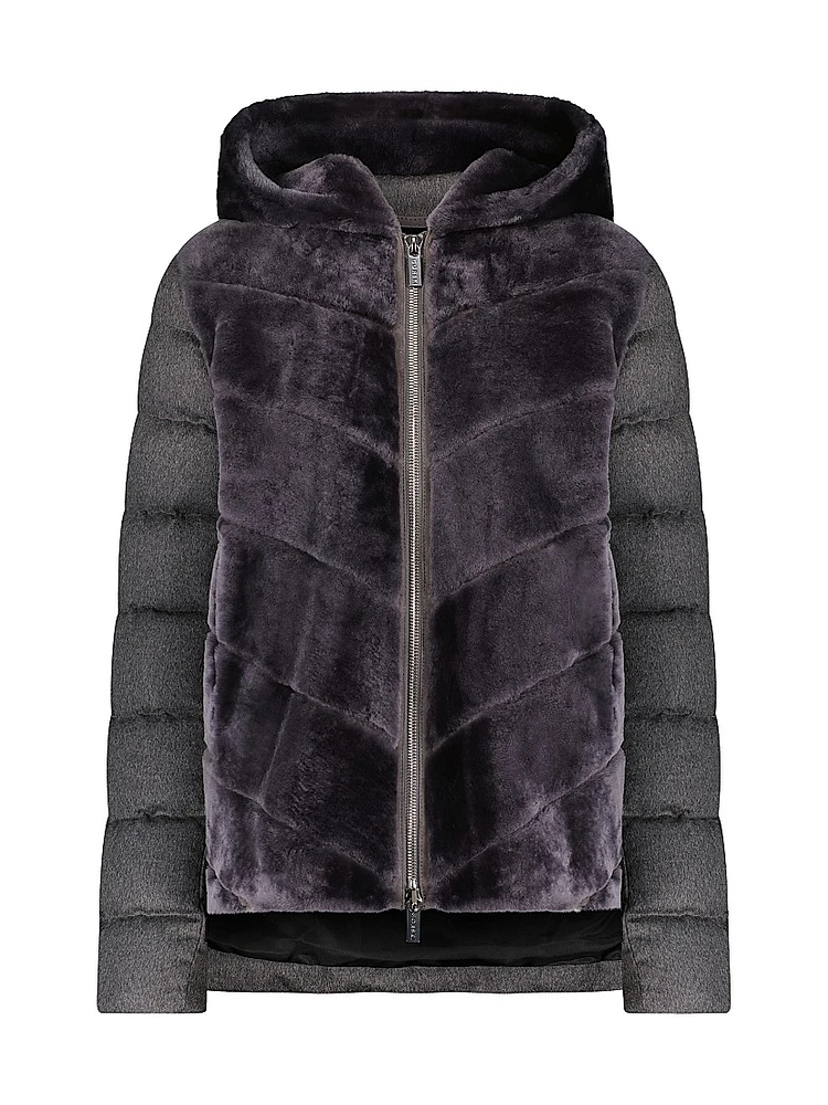 Shearling Lamb Chevron Parka With Cashmere and Wool Sleeves Back
