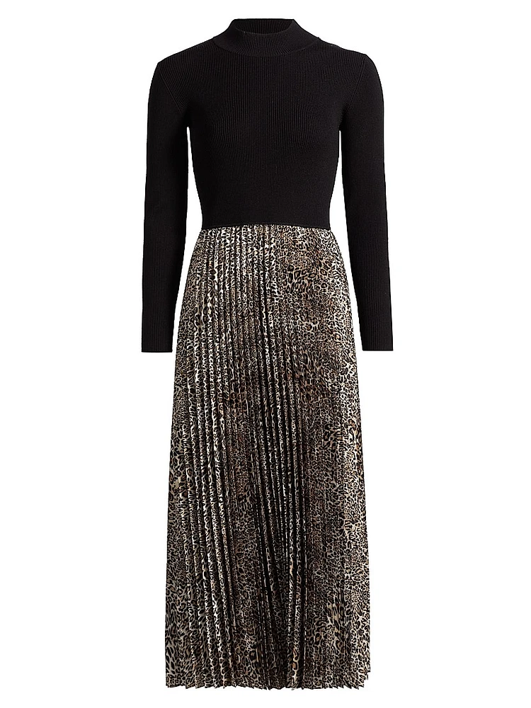 Mave Leopard Mixed-Media Midi-Dress