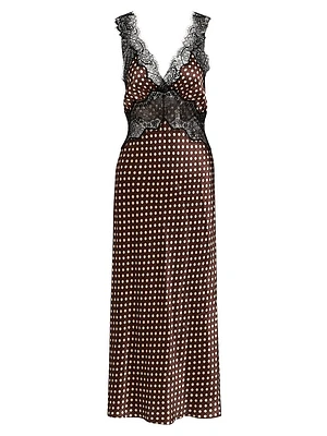 Holiday Polka Dot Lace-Trimmed Maxi Dress