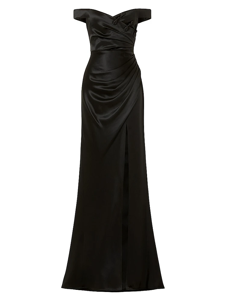 Paulina Ruched Satin Off-The-Shoulder Gown