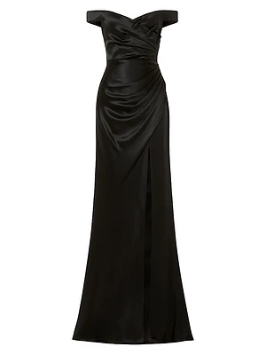 Paulina Ruched Satin Off-The-Shoulder Gown
