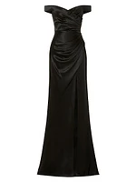 Paulina Ruched Satin Off-The-Shoulder Gown