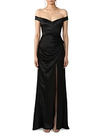 Paulina Ruched Satin Off-The-Shoulder Gown