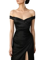 Paulina Ruched Satin Off-The-Shoulder Gown