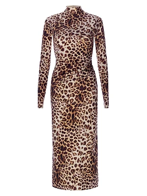 Leopard Print Satin Shine Midi-Dress