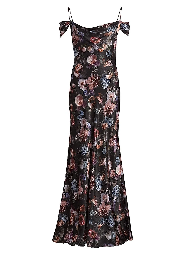 Kenna Floral Cold-Shoulder Silk Maxi-Dress
