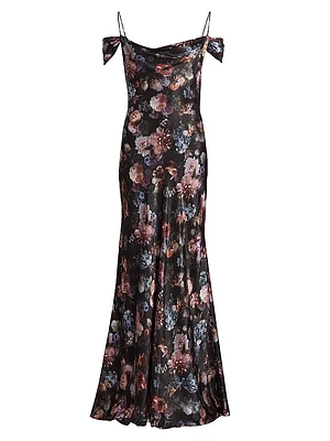Kenna Floral Cold-Shoulder Silk Maxi-Dress