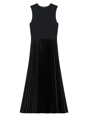 Satin Sunburst Pleated Midi-Dress