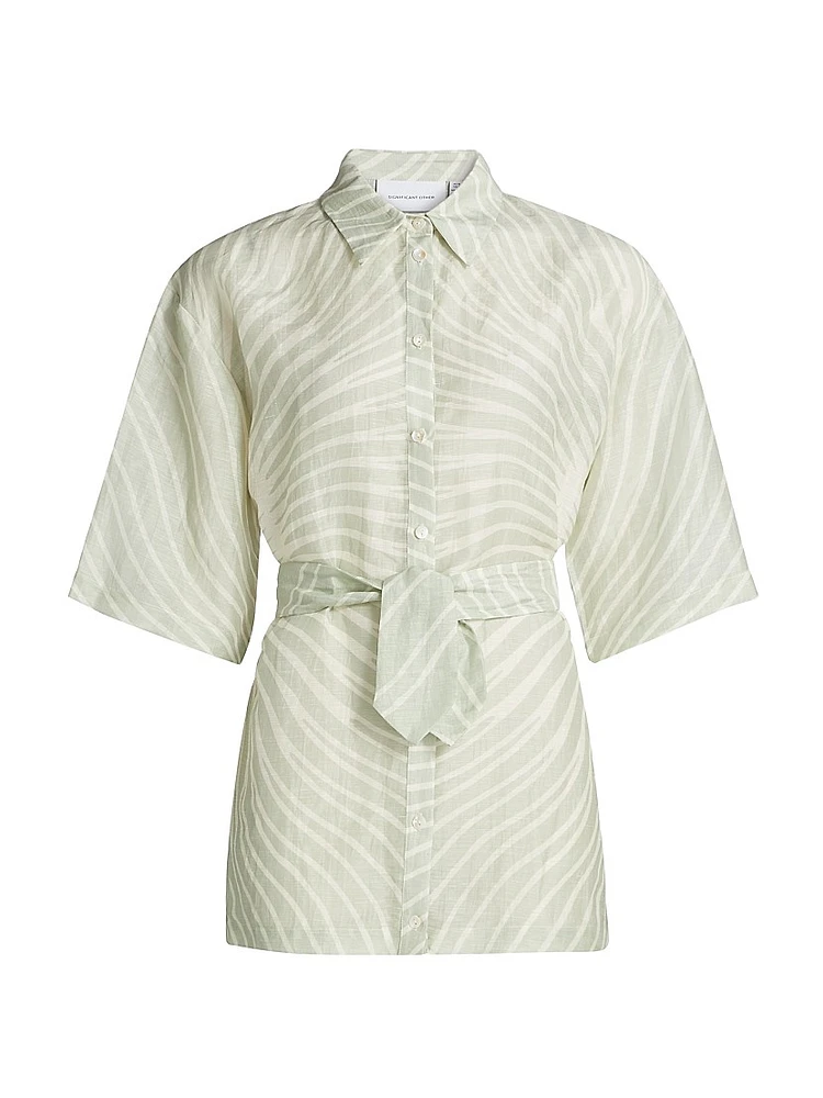 Celeste Geometric Belted Linen-Blend Top