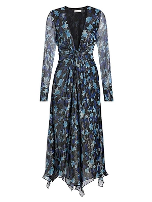 Tatia Floral Metallic Silk Twist Midi-Dress