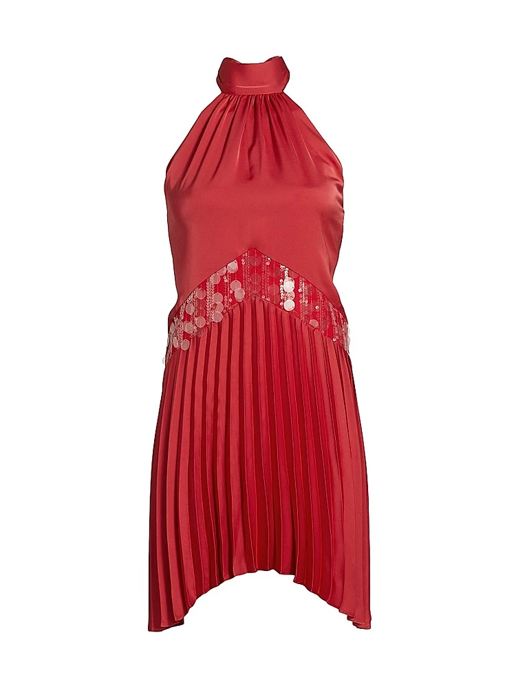 Marcia Sequin-Embellished Pleated Halterneck Minidress