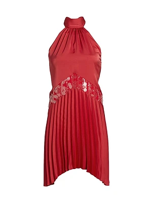 Marcia Sequin-Embellished Pleated Halterneck Minidress