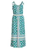 Geometric Blouson Tie-Strap Midi-Dress