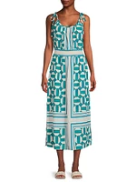 Geometric Blouson Tie-Strap Midi-Dress