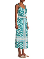 Geometric Blouson Tie-Strap Midi-Dress